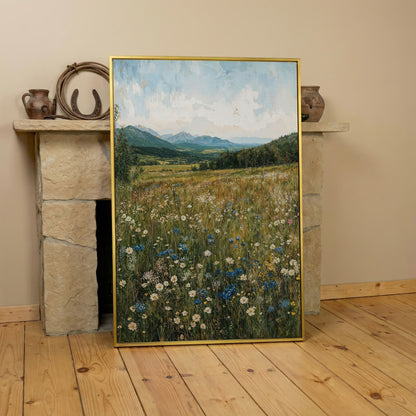Mountain Wildflower Meadow Canvas in yellow gold floating frame