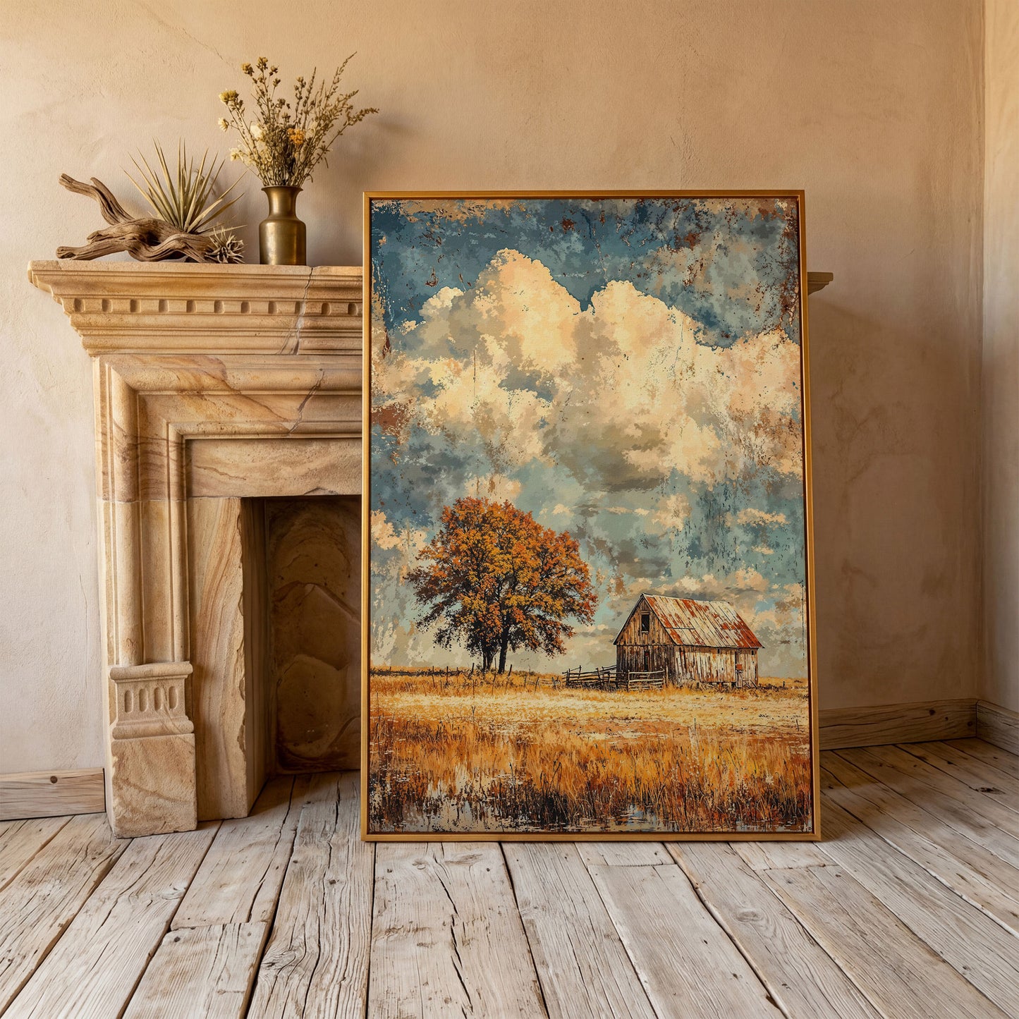 Vintage Barn in Autumn Landscape Canvas Wall Art in antique gold floating frame