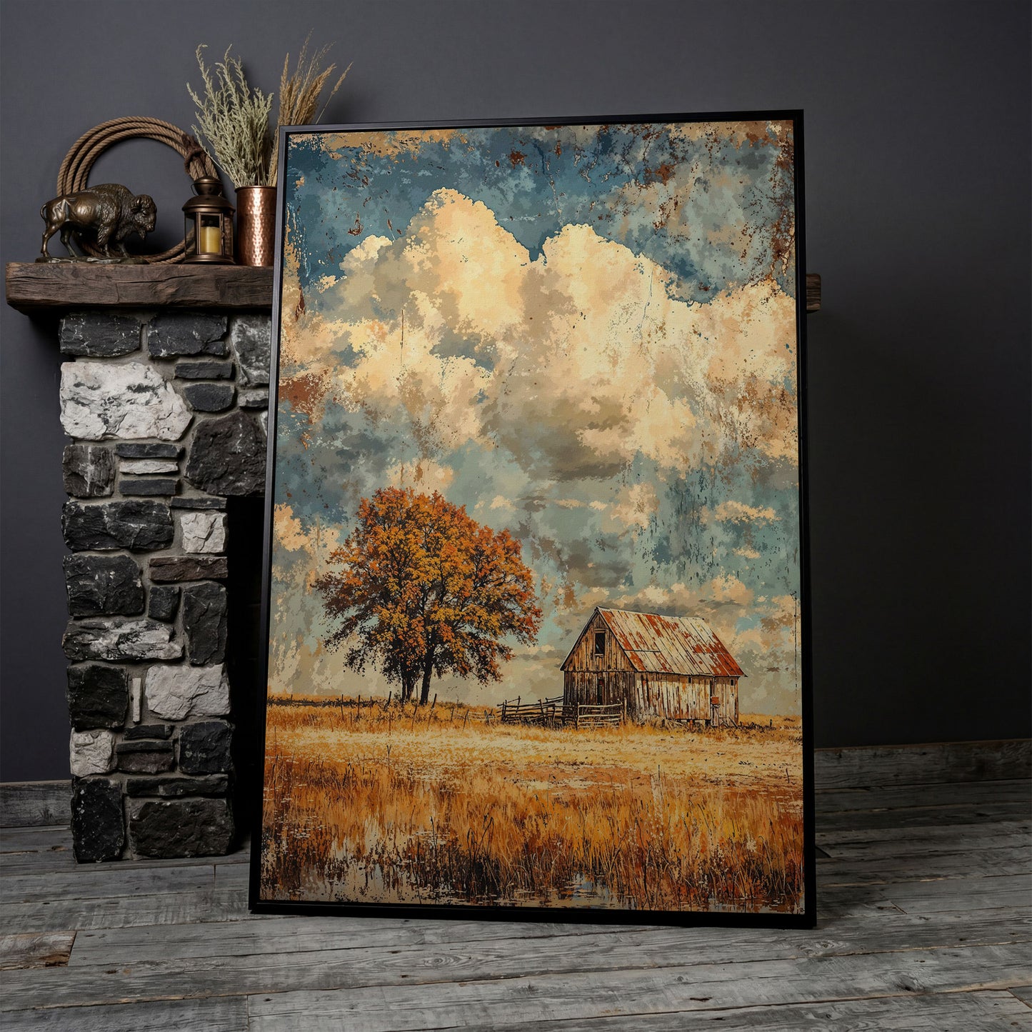 Vintage Barn in Autumn Landscape Canvas Wall Art in black floating frame