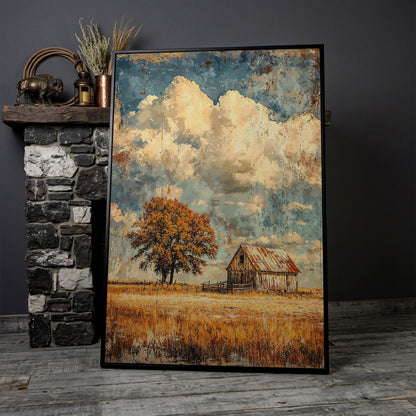 Vintage Barn in Autumn Landscape Canvas Wall Art in black floating frame