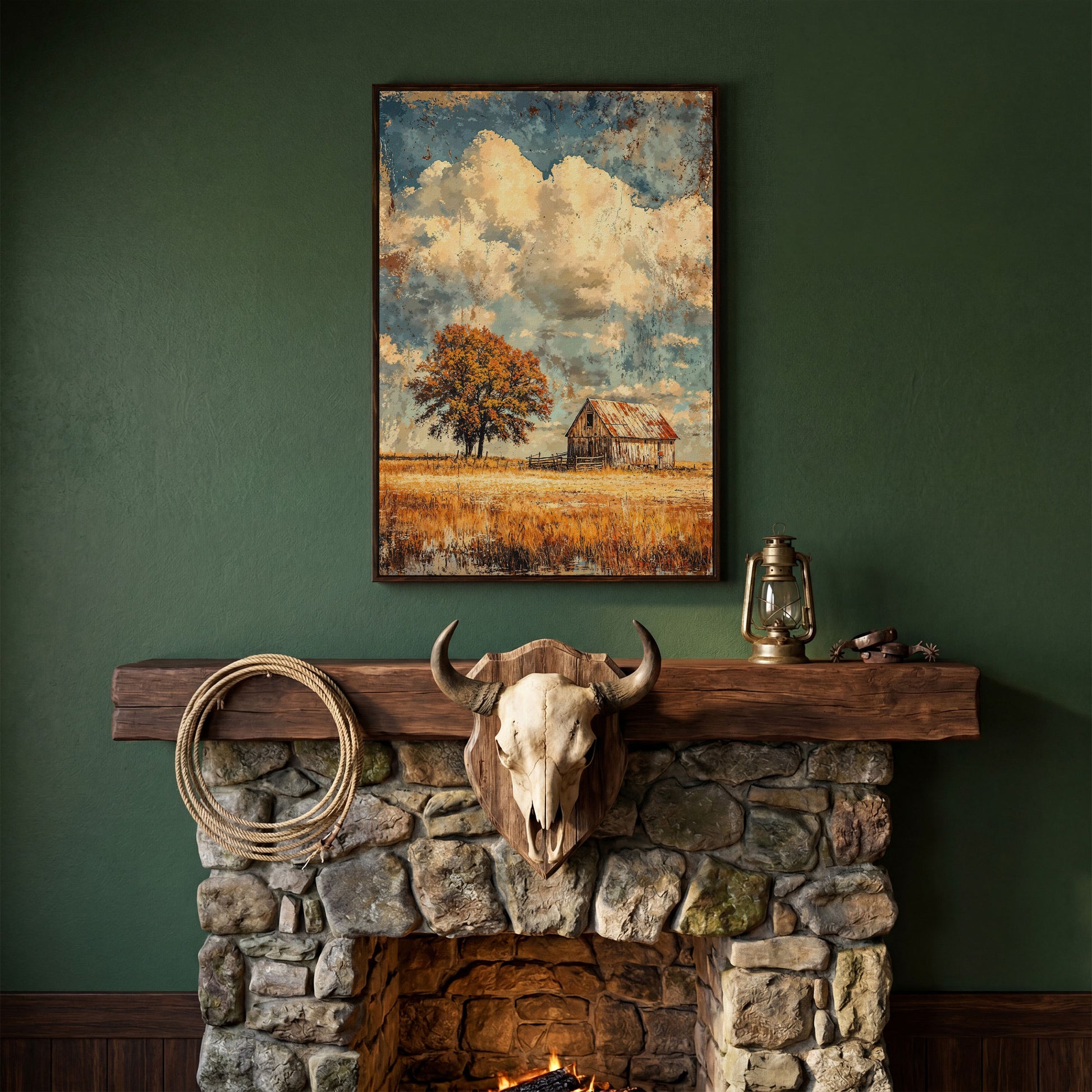 Vintage Barn in Autumn Landscape Canvas Wall Art in dark walnut floating frame