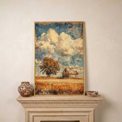 Vintage Barn in Autumn Landscape Canvas Wall Art in white oak floating frame