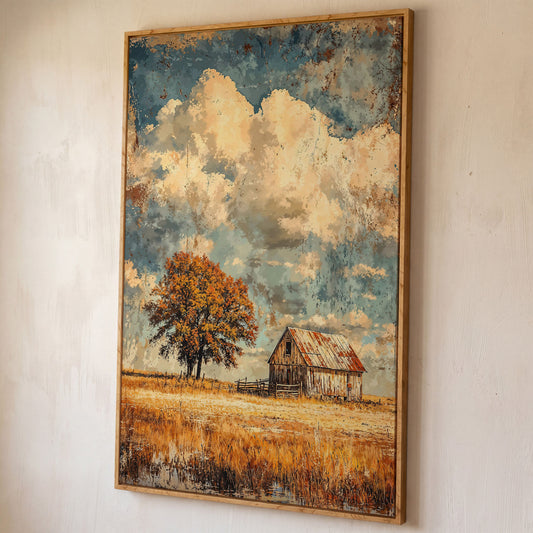 Vintage Barn in Autumn Landscape Canvas Wall Art shown in white oak floating frame