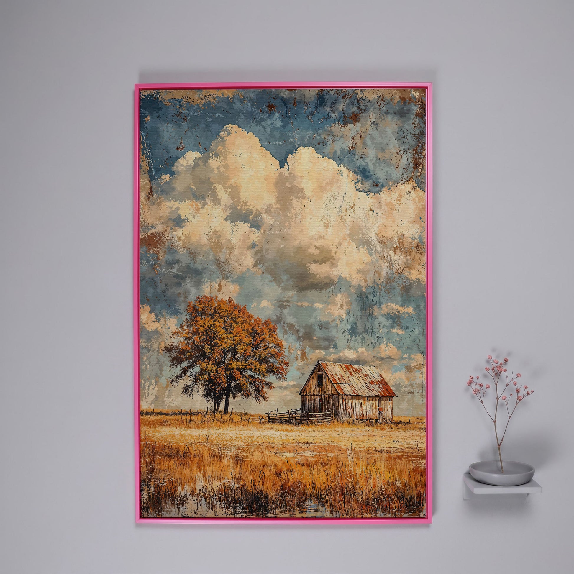 Vintage Barn in Autumn Landscape Canvas Wall Art in pink floating frame