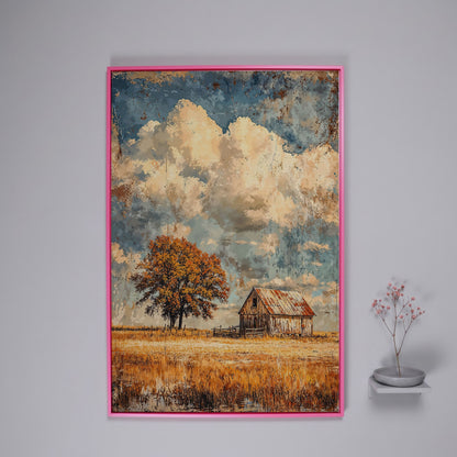 Vintage Barn in Autumn Landscape Canvas Wall Art in pink floating frame