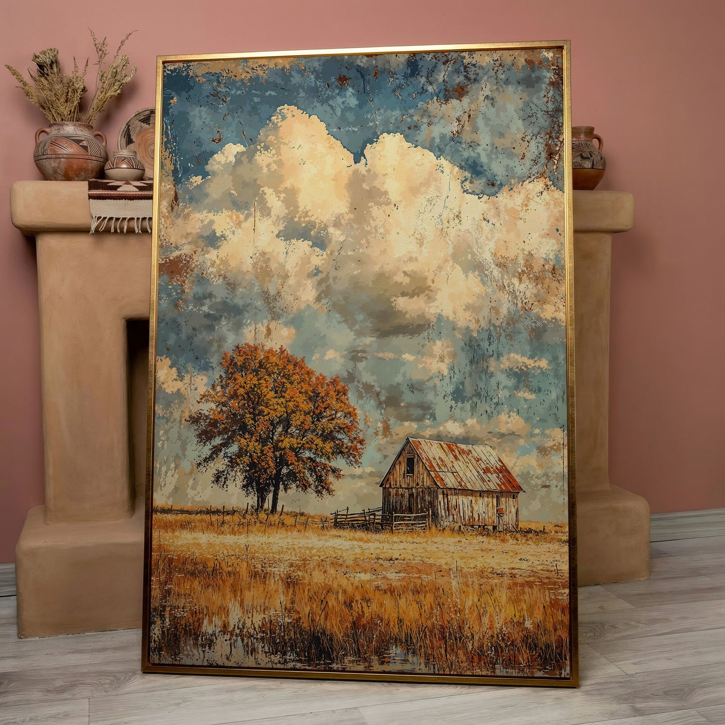 Vintage Barn in Autumn Landscape Canvas Wall Art in rose gold floating frame