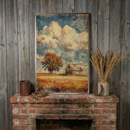 Vintage Barn in Autumn Landscape Canvas Wall Art in silver floating frame