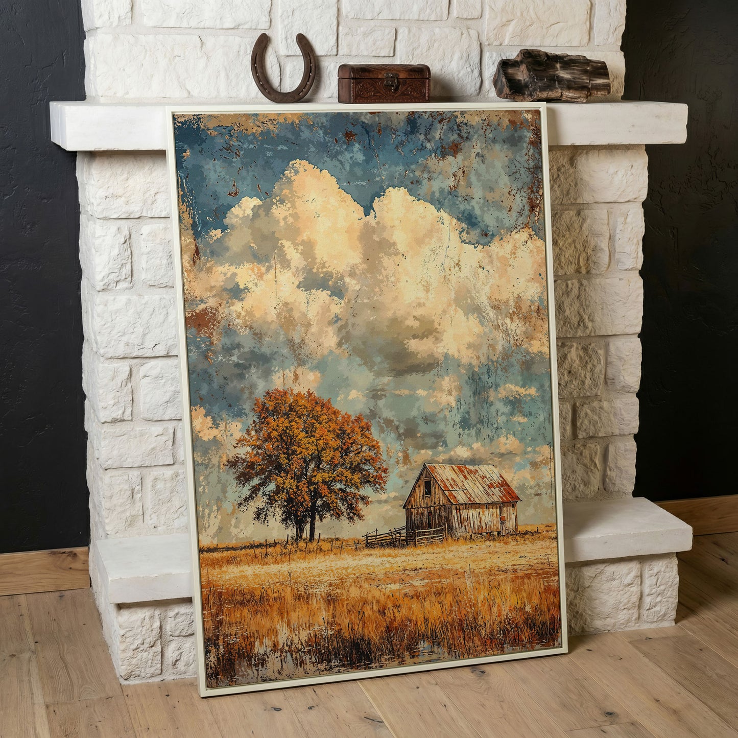Vintage Barn in Autumn Landscape Canvas Wall Art in white floating frame