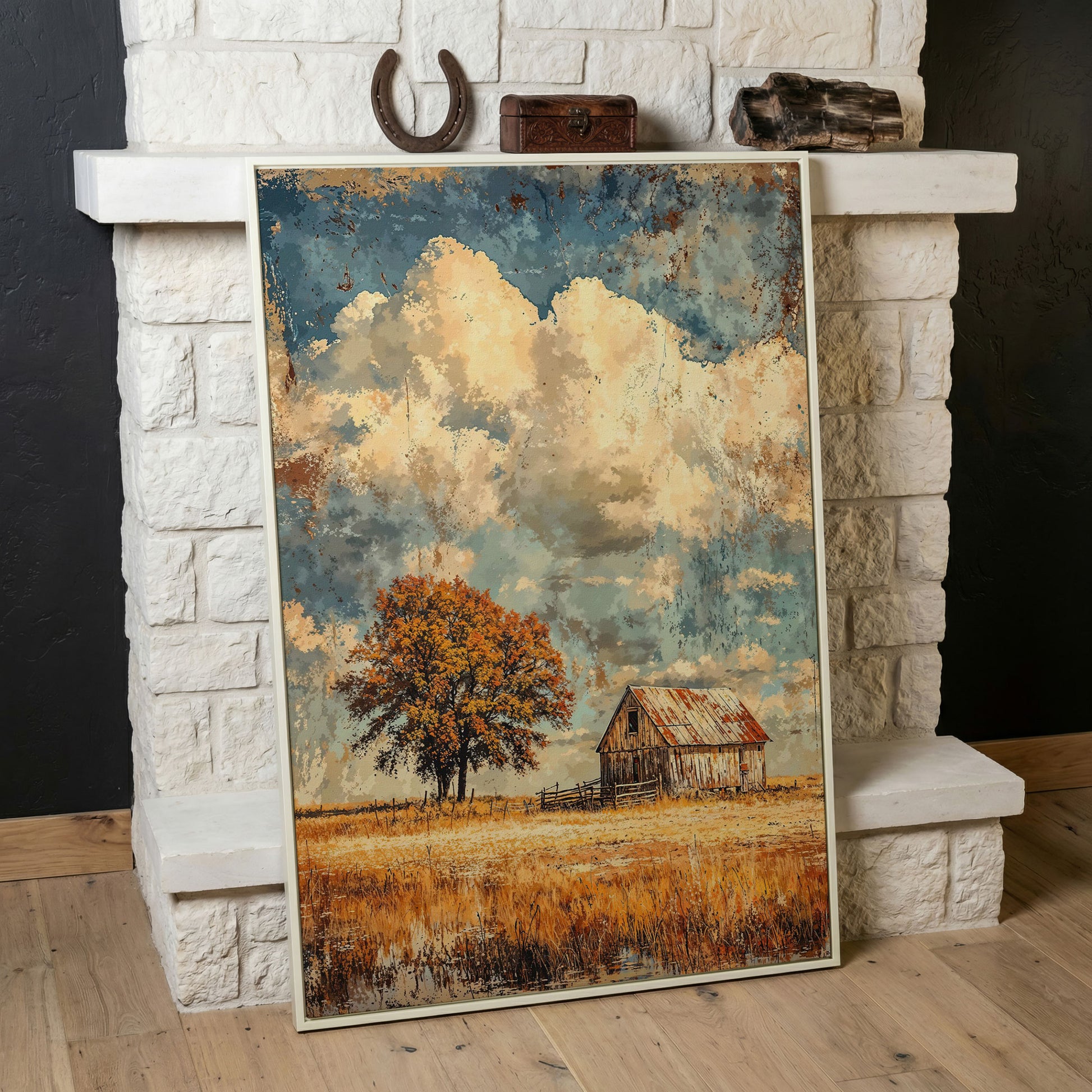 Vintage Barn in Autumn Landscape Canvas Wall Art in white floating frame