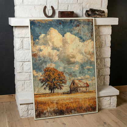 Vintage Barn in Autumn Landscape Canvas Wall Art in white floating frame