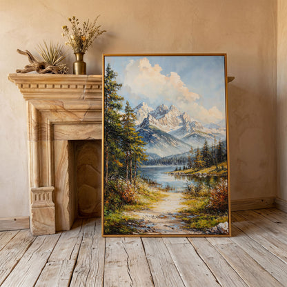 Alpine Lake with Snow Peaks Canvas Print in antique gold floating frame