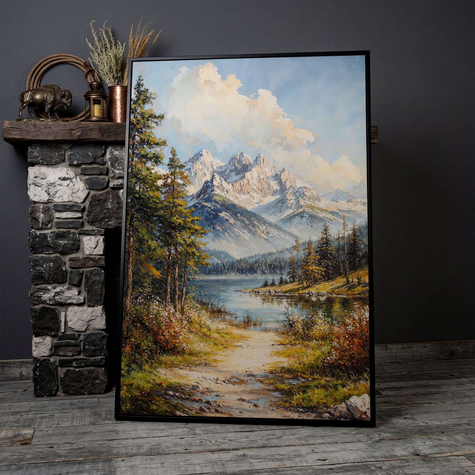 Alpine Lake with Snow Peaks Canvas Print in black floating frame