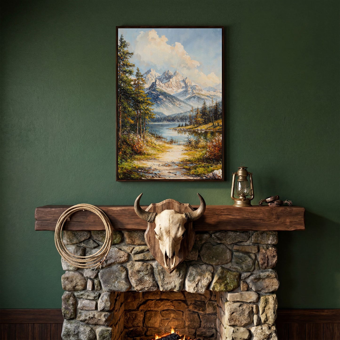 Alpine Lake with Snow Peaks Canvas Print in dark walnut floating frame