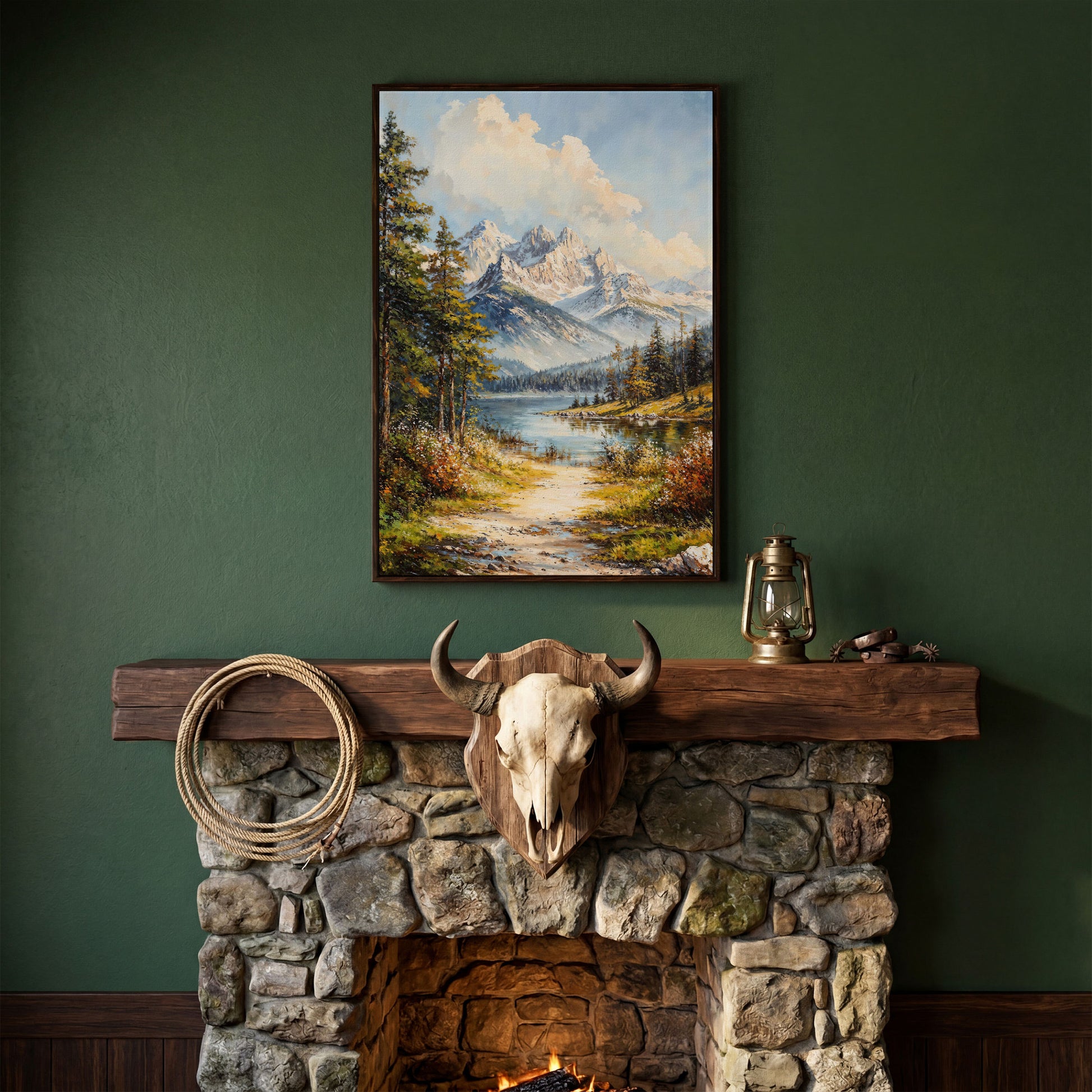 Alpine Lake with Snow Peaks Canvas Print in dark walnut floating frame
