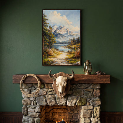 Alpine Lake with Snow Peaks Canvas Print in dark walnut floating frame