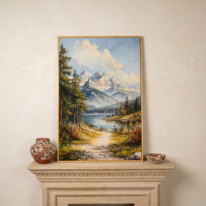 Alpine Lake with Snow Peaks Canvas Print in white oak floating frame