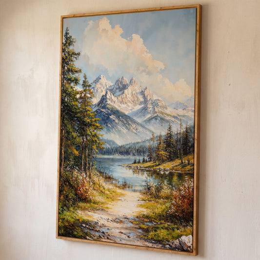 Alpine Lake with Snow Peaks Canvas Print shown in white oak floating frame
