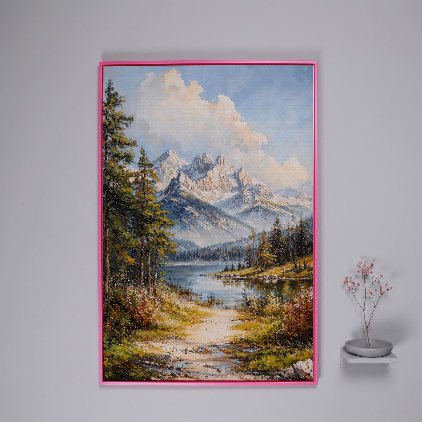Alpine Lake with Snow Peaks Canvas Print in pink floating frame