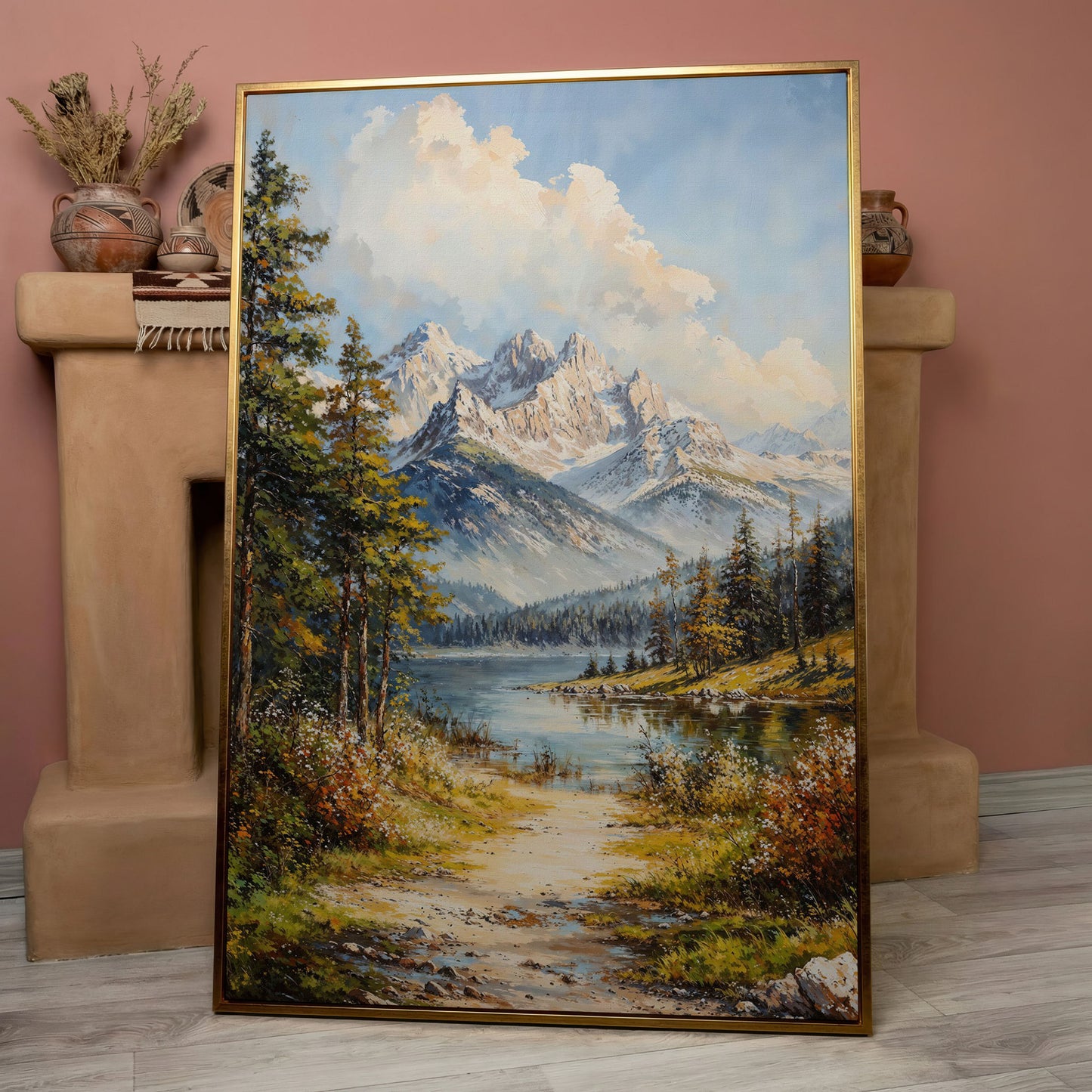 Alpine Lake with Snow Peaks Canvas Print in rose gold floating frame