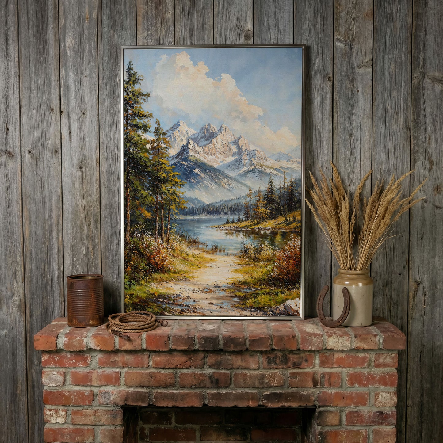 Alpine Lake with Snow Peaks Canvas Print in silver floating frame