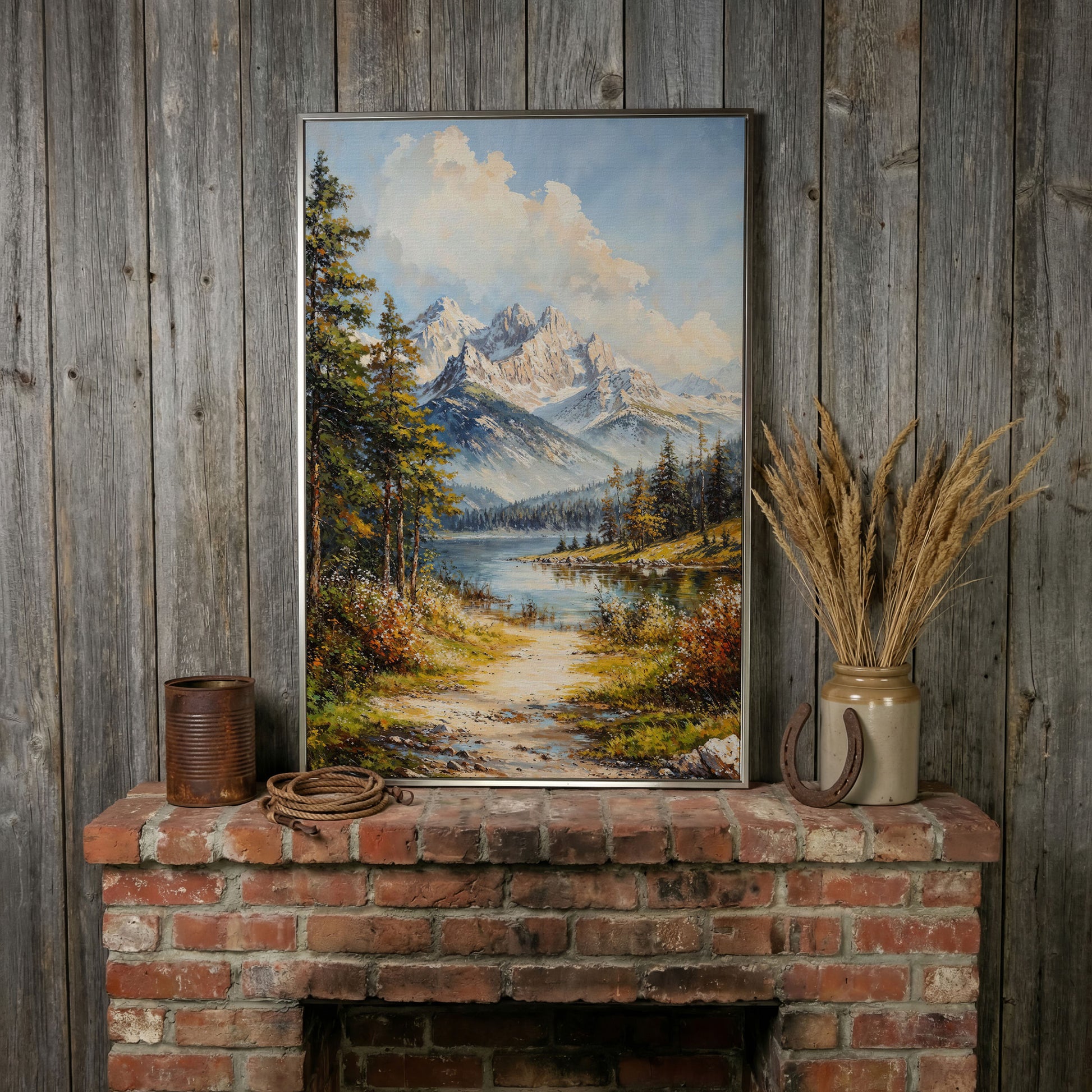 Alpine Lake with Snow Peaks Canvas Print in silver floating frame