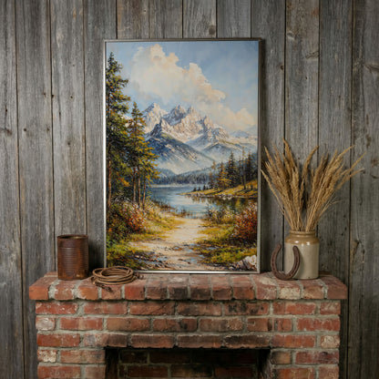 Alpine Lake with Snow Peaks Canvas Print in silver floating frame