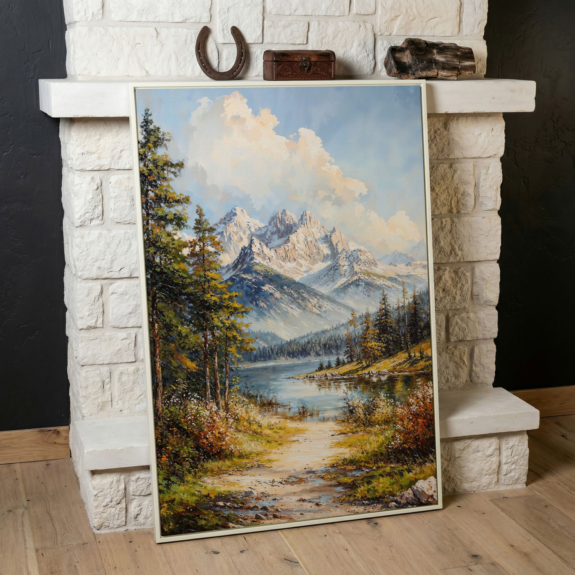 Alpine Lake with Snow Peaks Canvas Print in white floating frame