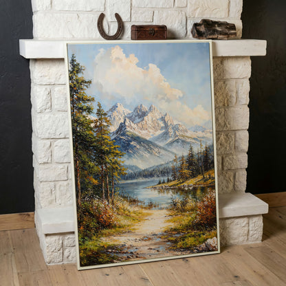 Alpine Lake with Snow Peaks Canvas Print in white floating frame