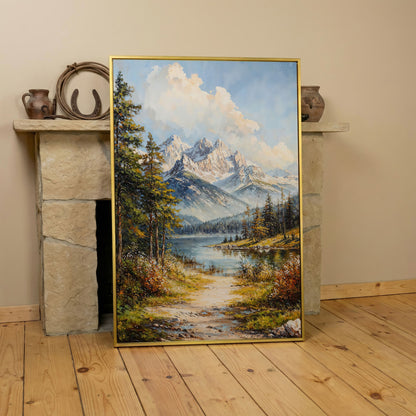 Alpine Lake with Snow Peaks Canvas Print in yellow gold floating frame