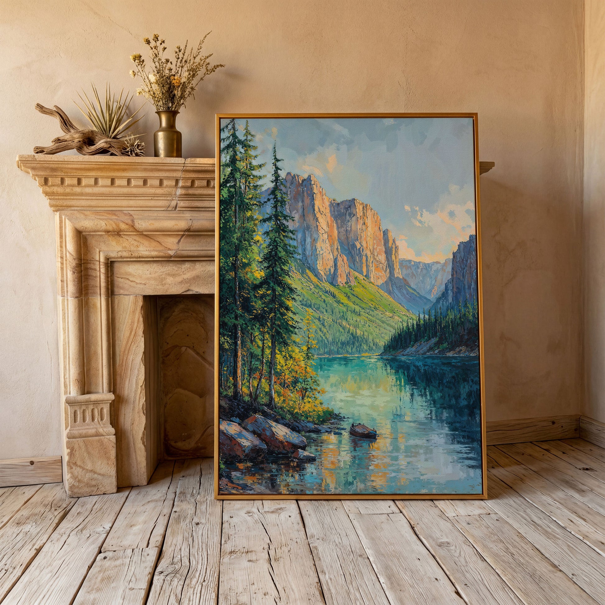 Teal Mountain Lake with Rowboat Canvas in antique gold floating frame