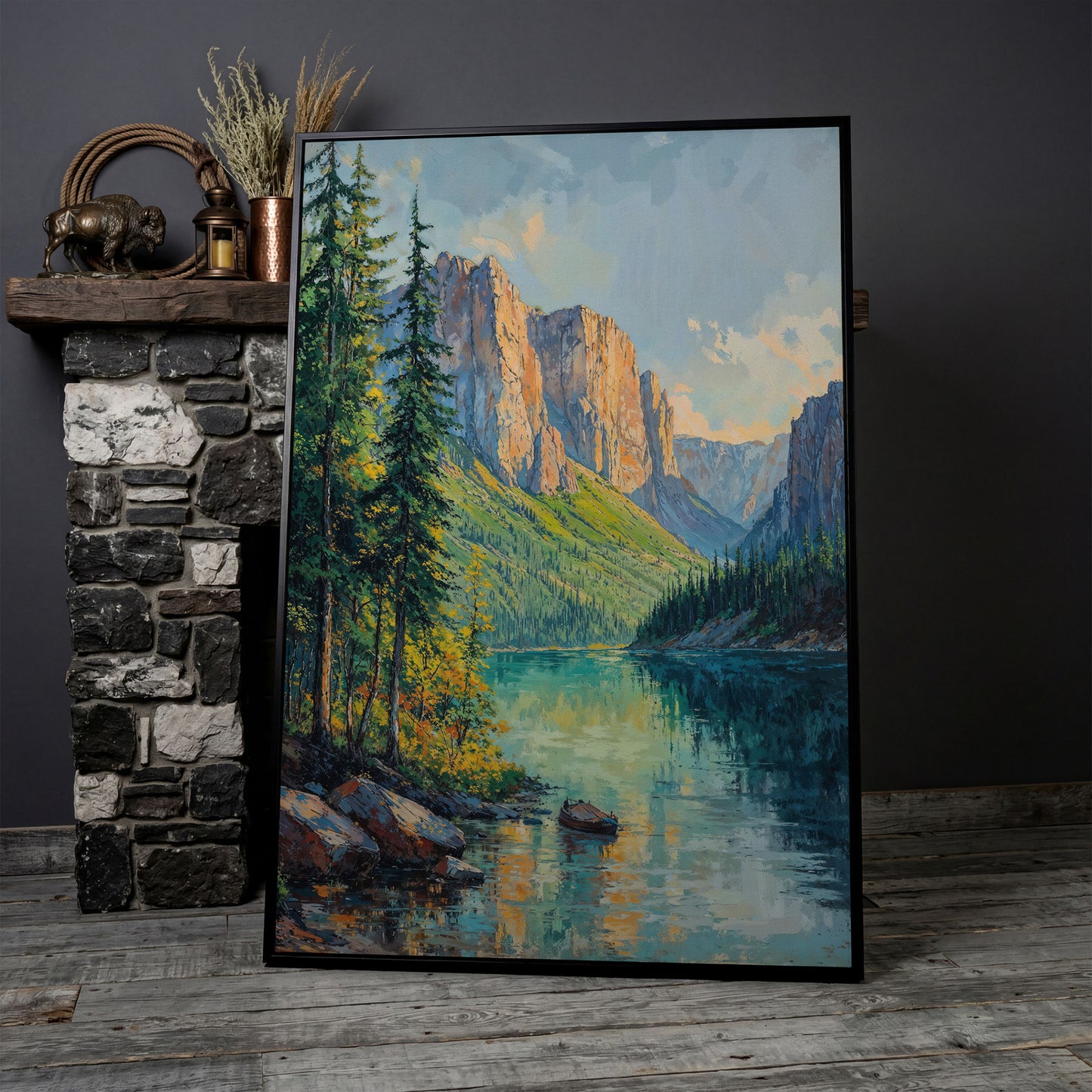 Teal Mountain Lake with Rowboat Canvas in black floating frame