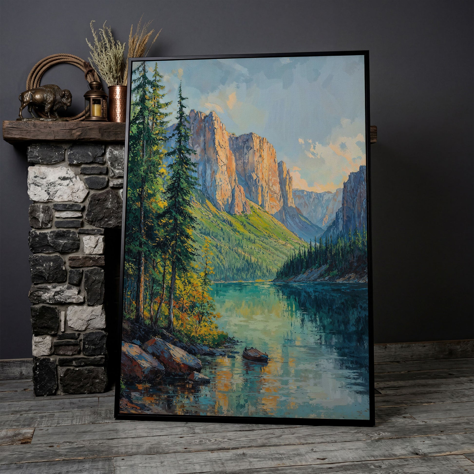 Teal Mountain Lake with Rowboat Canvas in black floating frame