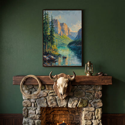 Teal Mountain Lake with Rowboat Canvas in dark walnut floating frame