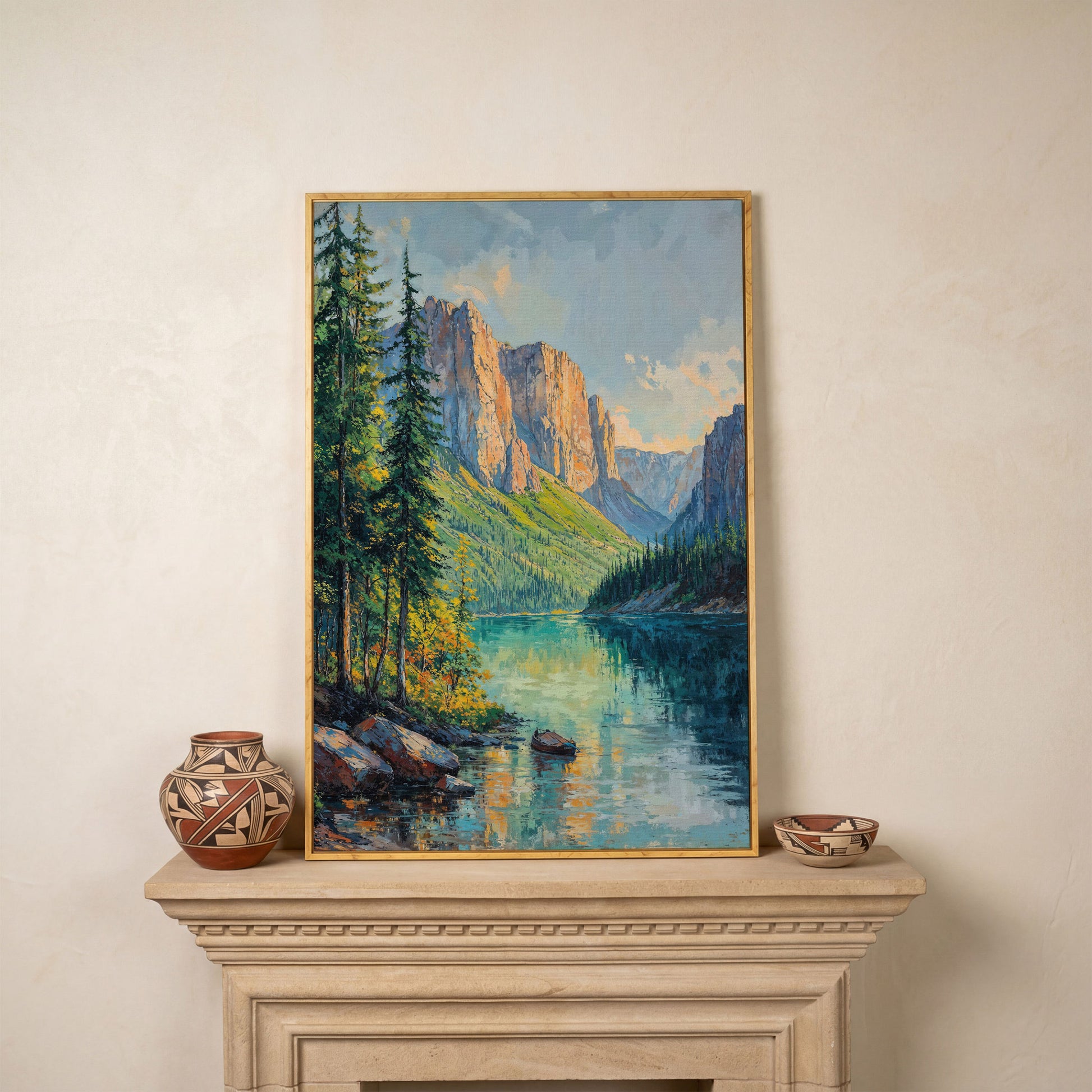 Teal Mountain Lake with Rowboat Canvas in white oak floating frame