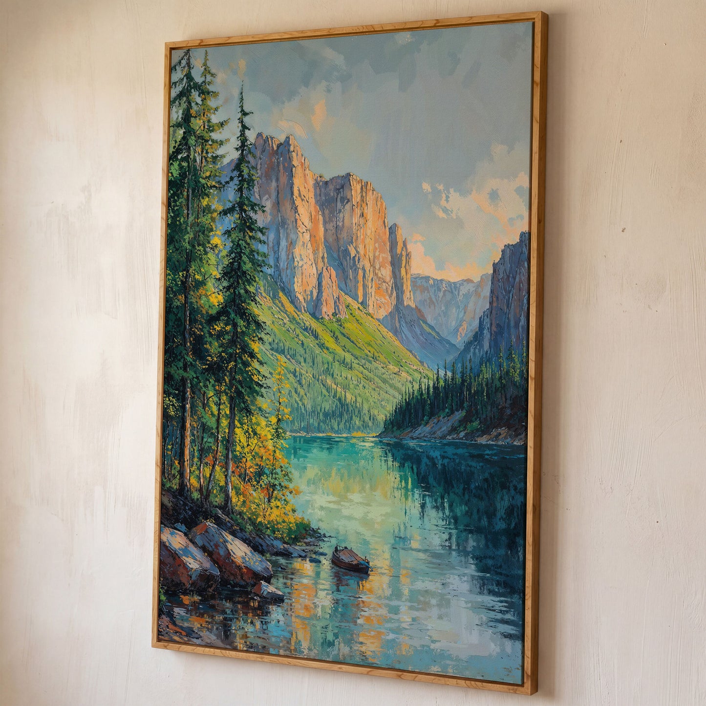 Teal Mountain Lake with Rowboat Canvas shown in white oak floating frame