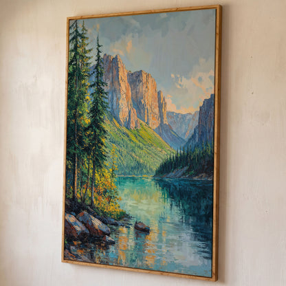 Teal Mountain Lake with Rowboat Canvas shown in white oak floating frame