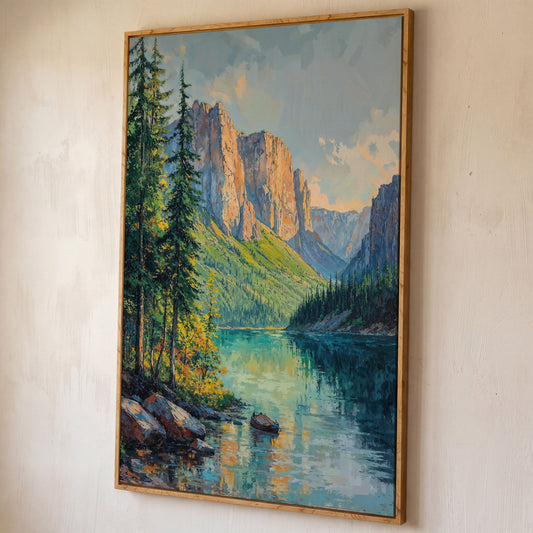 Teal Mountain Lake with Rowboat Canvas shown in white oak floating frame