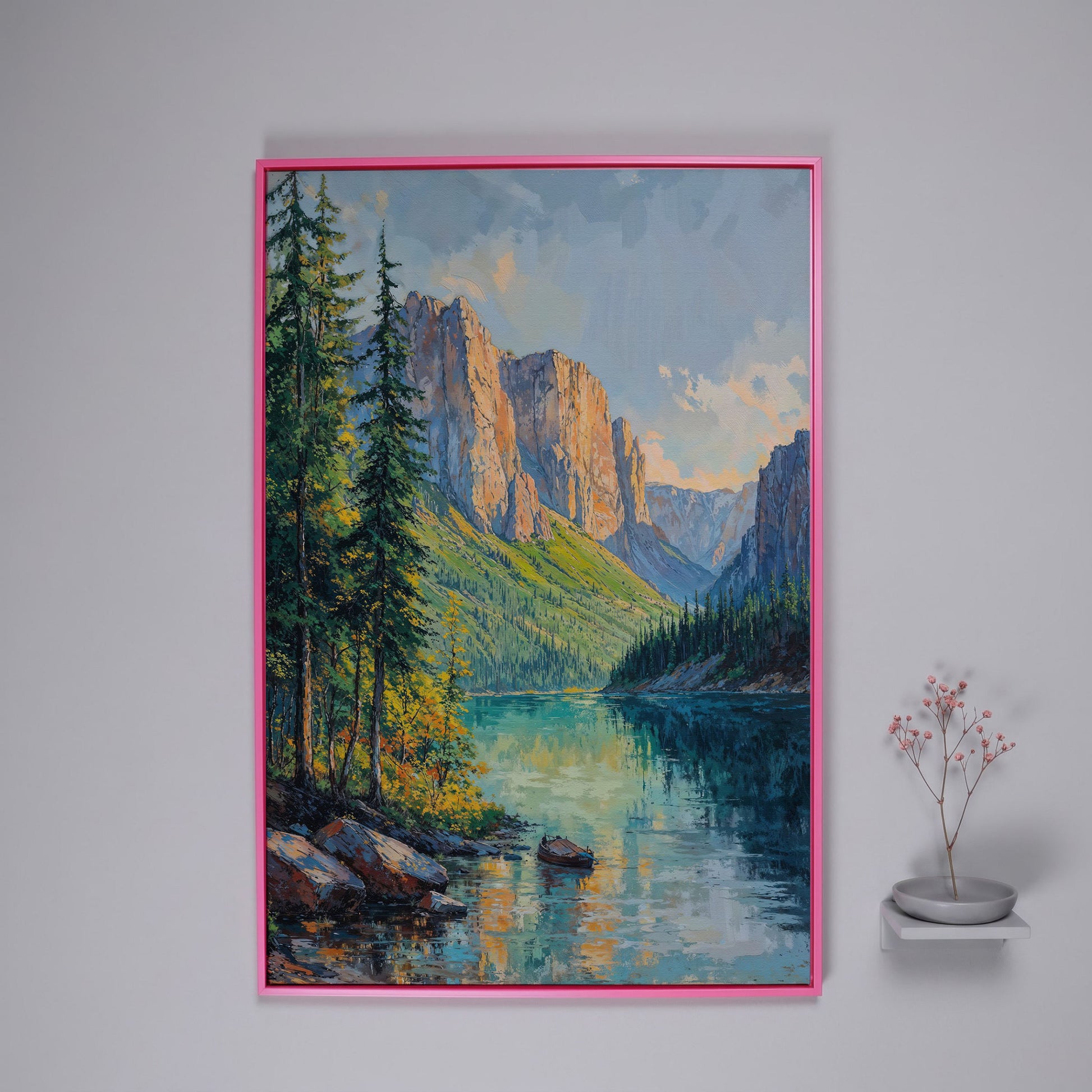 Teal Mountain Lake with Rowboat Canvas in pink floating frame