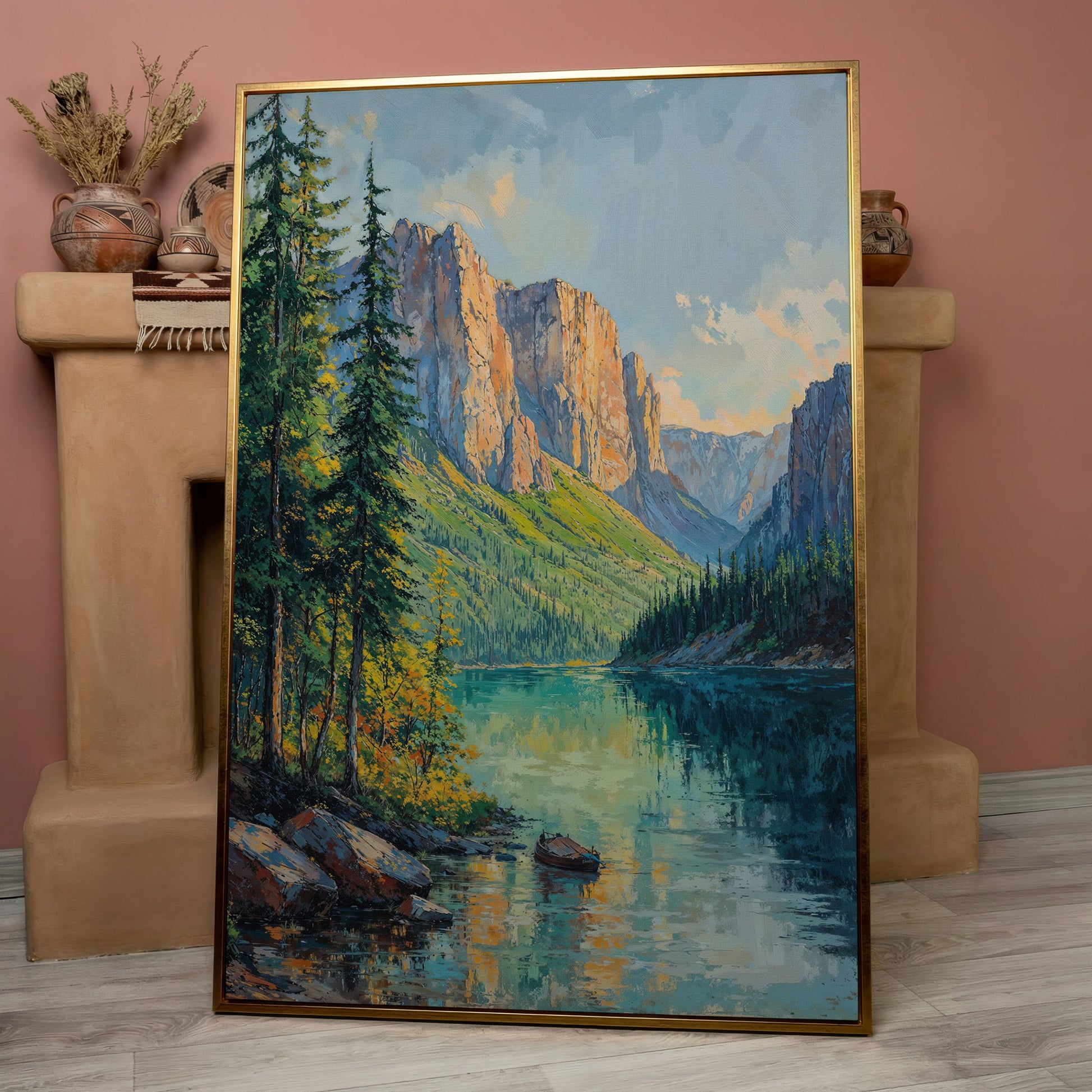 Teal Mountain Lake with Rowboat Canvas in rose gold floating frame