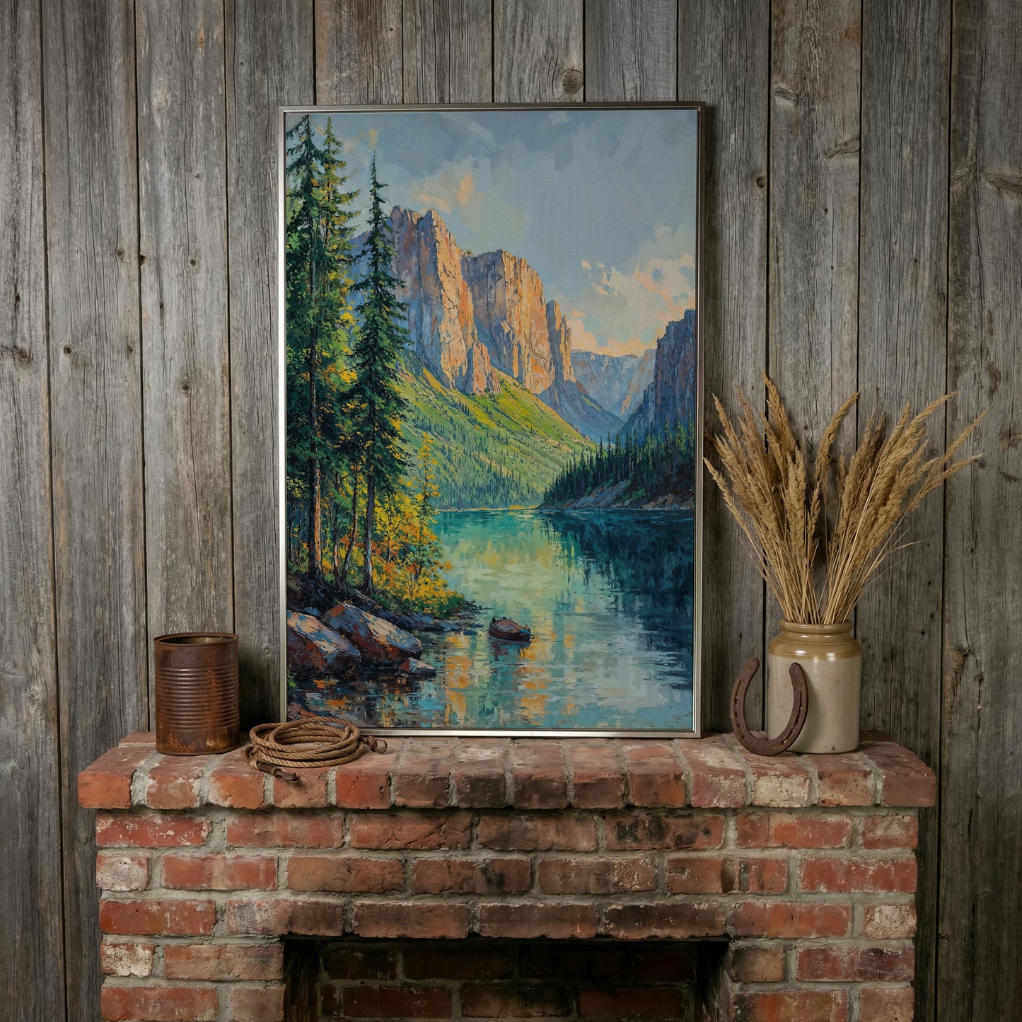 Teal Mountain Lake with Rowboat Canvas in silver floating frame