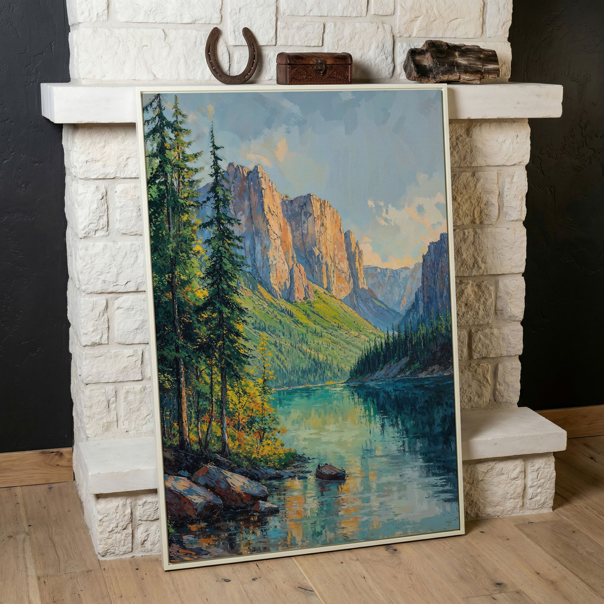 Teal Mountain Lake with Rowboat Canvas in white floating frame