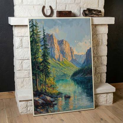 Teal Mountain Lake with Rowboat Canvas in white floating frame