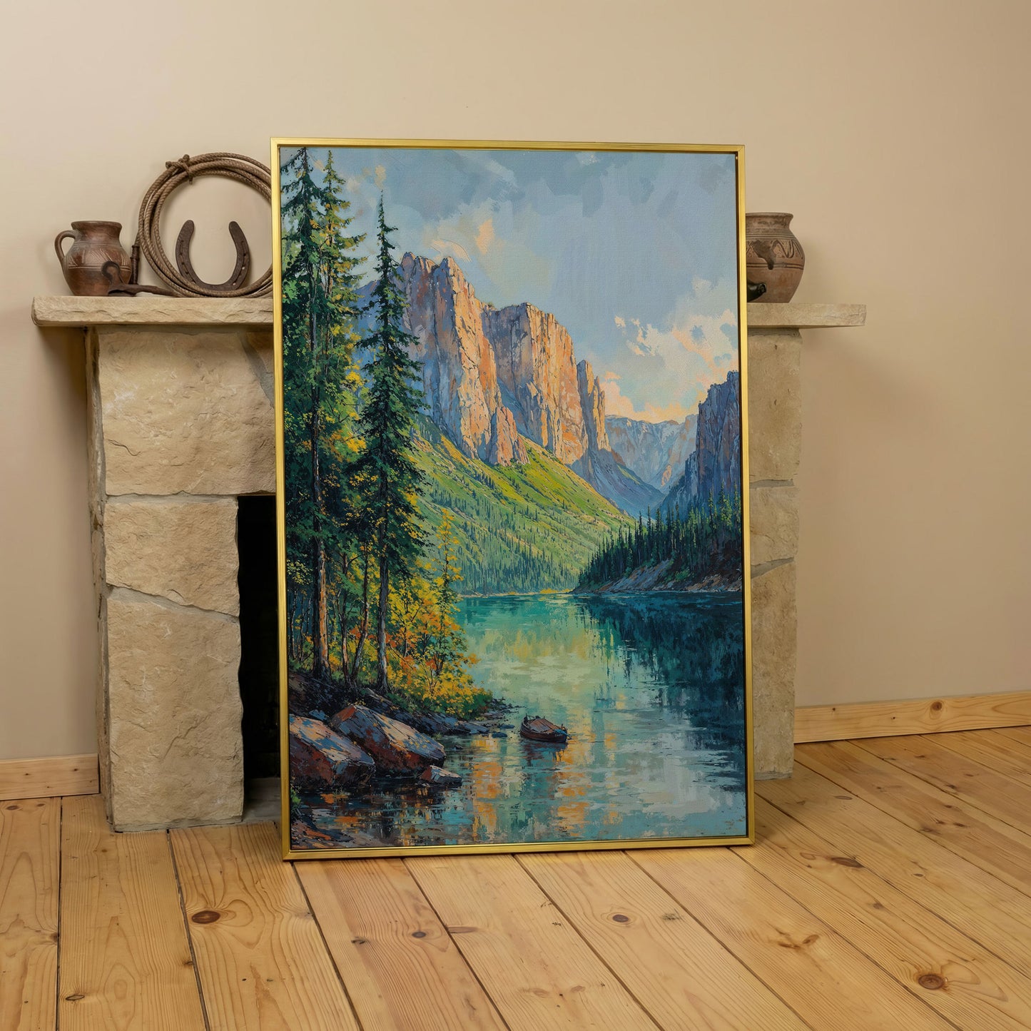 Teal Mountain Lake with Rowboat Canvas in yellow gold floating frame