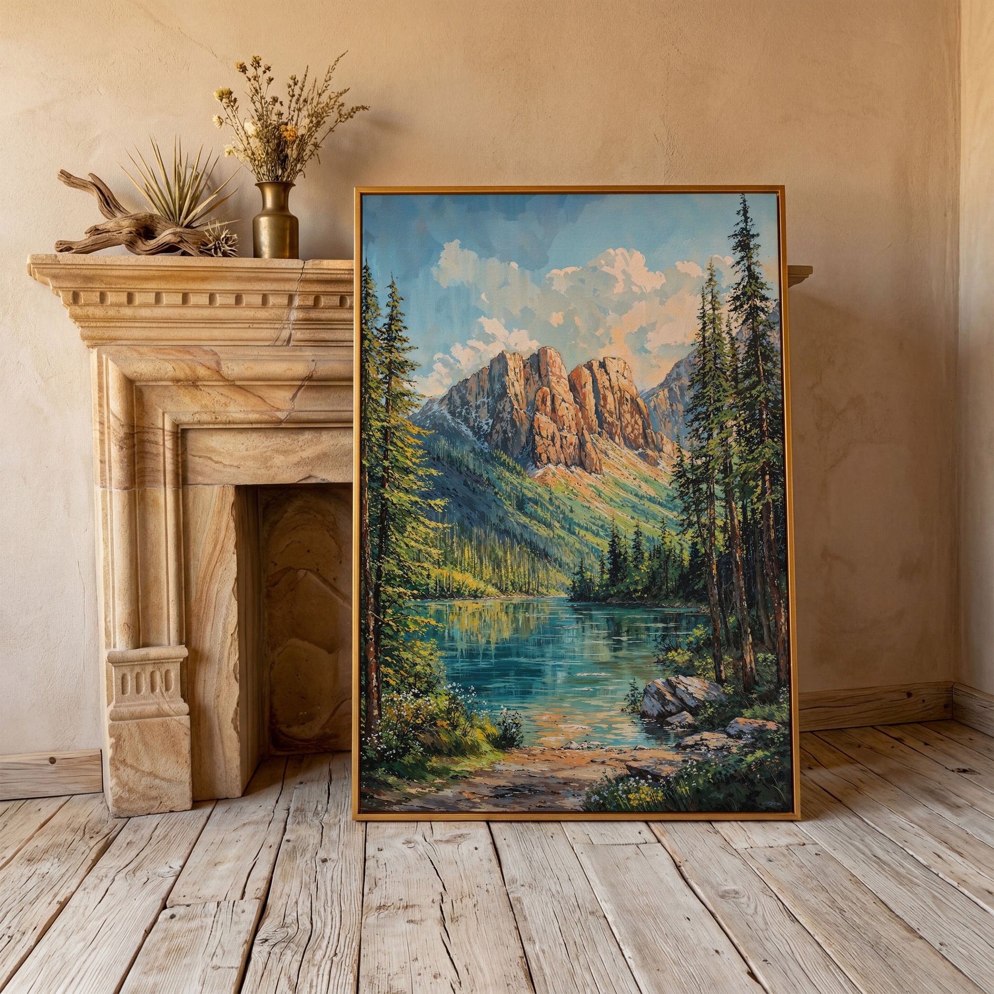 Mountain Wilderness Canvas. Panoramic Lake and Pine in antique gold floating frame