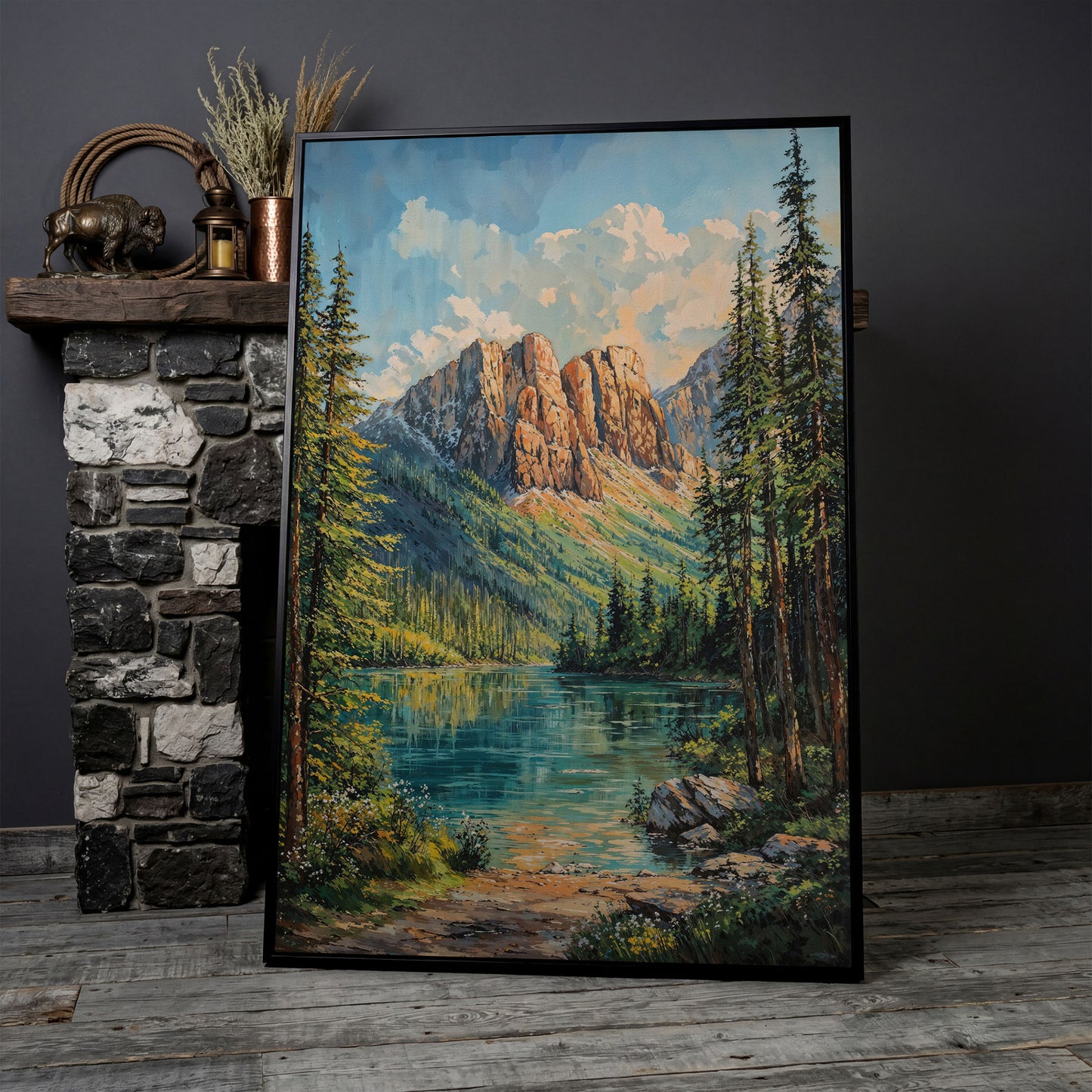 Mountain Wilderness Canvas. Panoramic Lake and Pine in black floating frame
