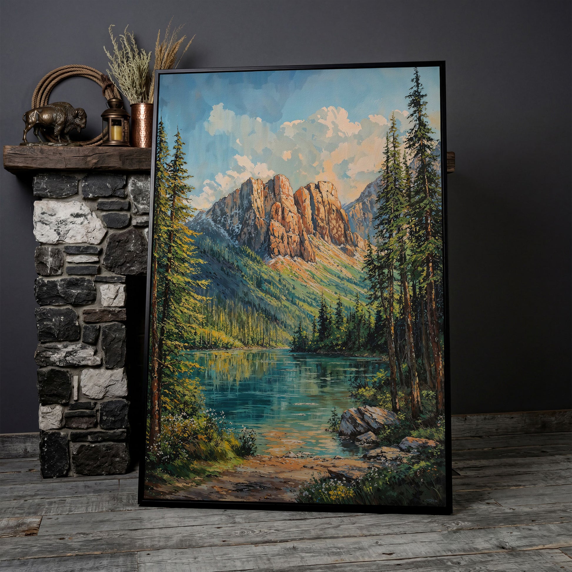 Mountain Wilderness Canvas. Panoramic Lake and Pine in black floating frame