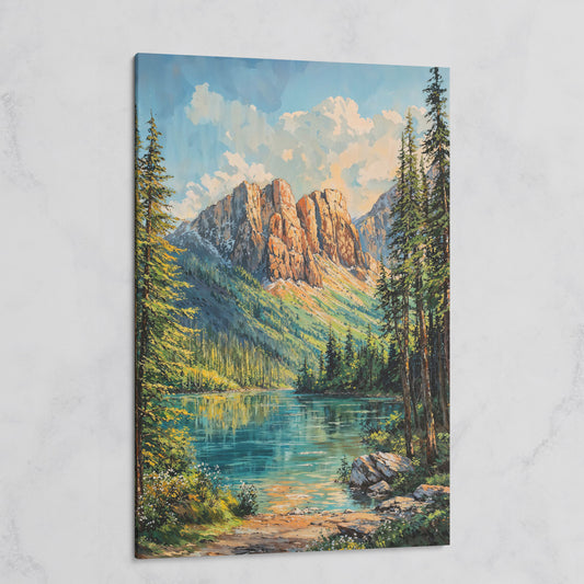 Mountain Wilderness Canvas. Panoramic Lake and Pine on gallery wrap