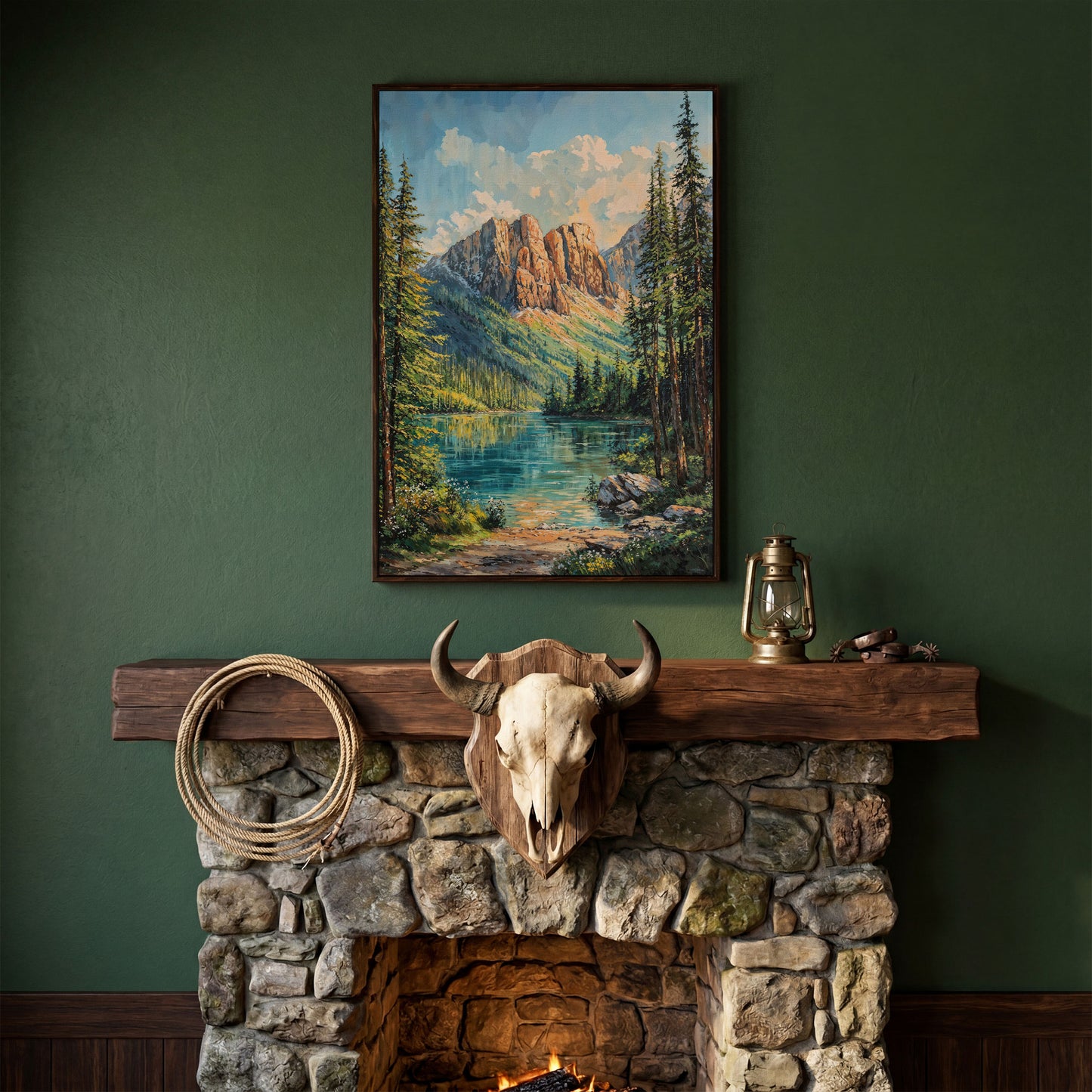 Mountain Wilderness Canvas. Panoramic Lake and Pine in dark walnut floating frame