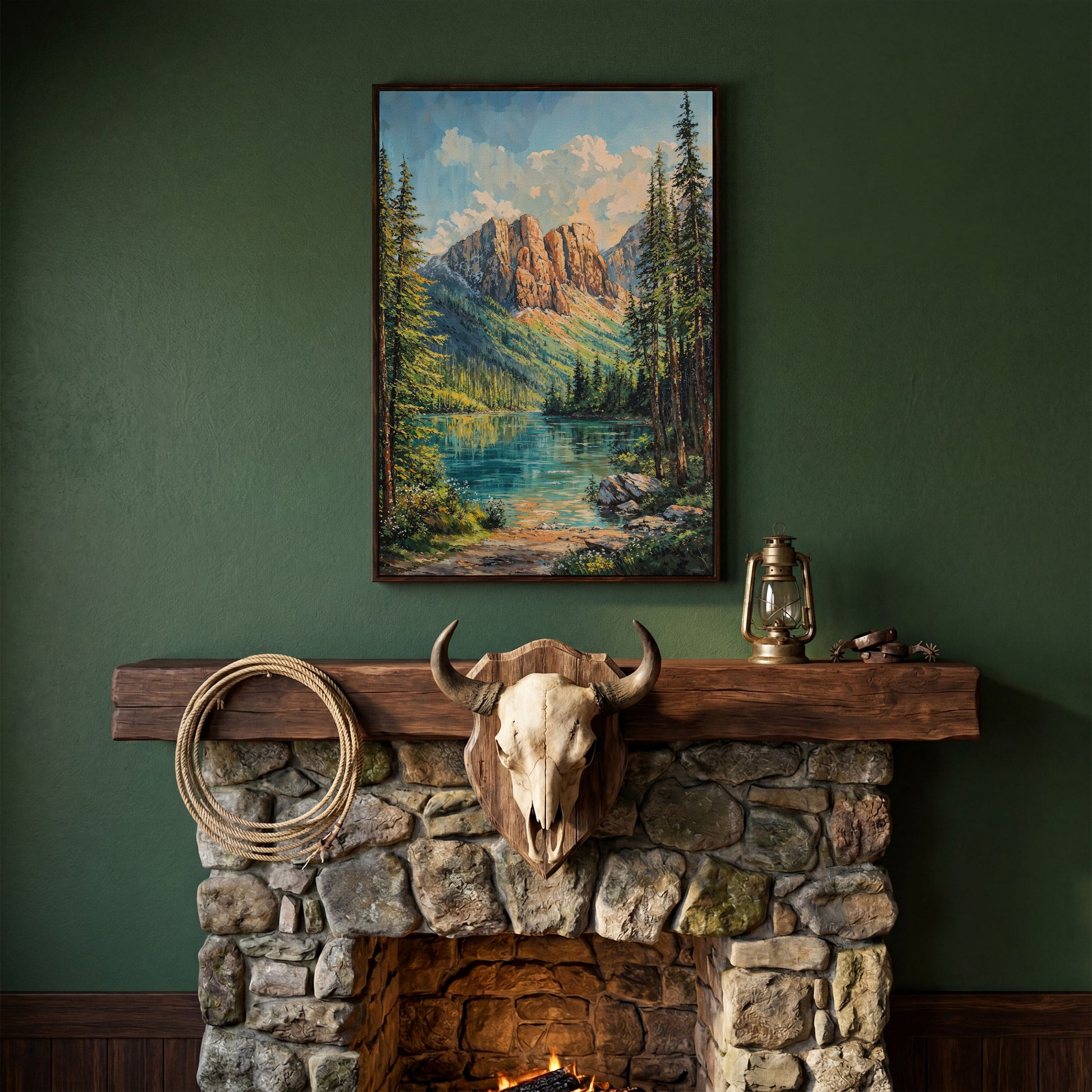 Mountain Wilderness Canvas. Panoramic Lake and Pine in dark walnut floating frame