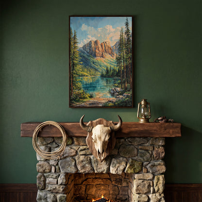 Mountain Wilderness Canvas. Panoramic Lake and Pine in dark walnut floating frame